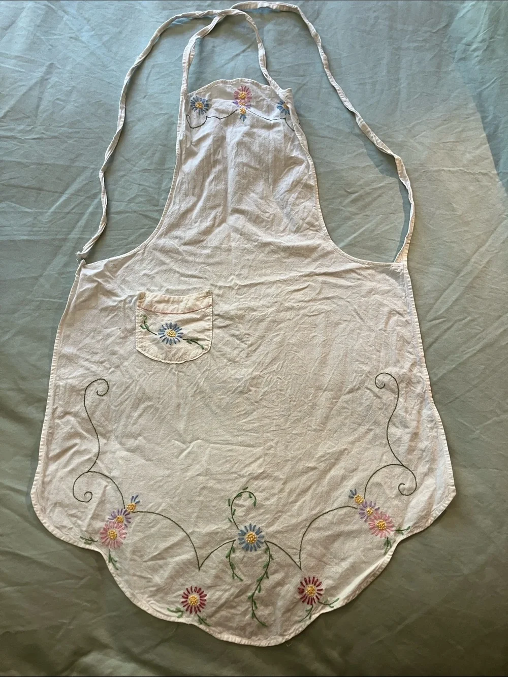 Vintage cotton hand, embroidered apron white with flowers
